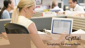  Presentation with ready to eat salad - Beautiful presentation theme featuring lunch break - businesswoman in cubicle using laptop backdrop and a coral colored foreground