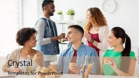  Presentation with team celebration - Amazing slides having lunch break - corporate celebration and people concept backdrop and a coral colored foreground