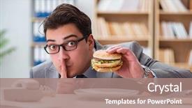  Presentation with junk food - PPT layouts featuring lunch break - hungry funny businessman eating junk background and a coral colored foreground