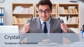  Presentation with junk food - Slide set enhanced with lunch break - hungry funny businessman eating junk background and a  colored foreground