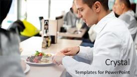  Presentation with dining restaurant - Colorful slide set enhanced with lunch break - young man dining with his backdrop and a light gray colored foreground