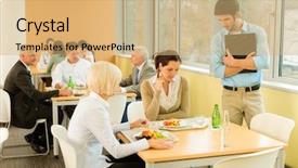  Presentation with eat - Slide set consisting of lunch break office colleagues eat background and a coral colored foreground