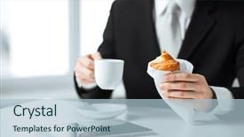  Presentation with coffee cup diary - PPT theme enhanced with lunch business meeting - businessman with tablet pc cup background and a light blue colored foreground