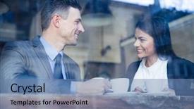  Presentation with cold brew coffee - Presentation theme with lunch business meeting - happy businesswoman and businessman having background and a teal colored foreground