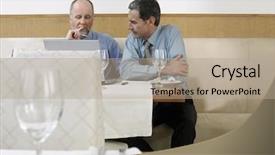  Presentation with middle ages - Slide set enhanced with lunch business meeting - middle aged businessmen using laptop background and a coral colored foreground