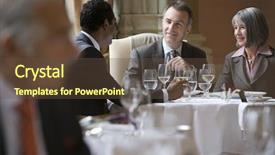  Presentation with meeting table - Cool new slide set with lunch business meeting - multiethnic businesspeople sitting at restaurant backdrop and a tawny brown colored foreground