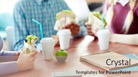  Presentation with friends eating and drinking wine - Cool new PPT layouts with lunch by table at break backdrop and a soft green colored foreground