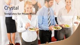  Presentation with catering - PPT layouts with formal party - business colleagues serve themselves background and a lemonade colored foreground