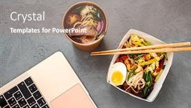 Presentation with thai food - Theme featuring lunch-in-the-office-thai background and a coral colored foreground