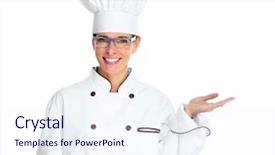  Presentation with chef war - Presentation theme with lunch invitation - beautiful chef woman isolated background and a  colored foreground