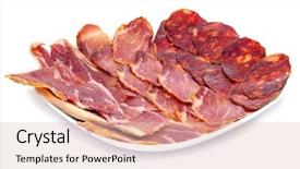  Presentation with chorizo - PPT theme consisting of lunch meat - pile of different spanish embutido background and a lemonade colored foreground