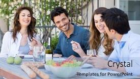  Presentation with dinner party - Audience pleasing PPT theme consisting of lunch party - group of happy friends having backdrop and a light blue colored foreground