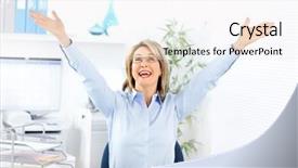  Presentation with office - Presentation theme featuring lunch room - happy business woman background and a sky blue colored foreground