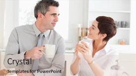  Presentation with sustainable coffee competition - Slides enhanced with lunch room - happy couple drinking coffee background and a soft green colored foreground