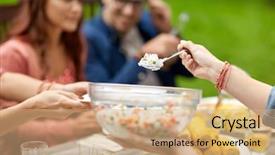  Presentation with summer party - Slide set having lunch table - leisure holidays eating people background and a  colored foreground