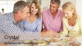  Presentation with silhoutte married couples summit - Presentation theme having lunch time - mid age couples enjoying meal background and a coral colored foreground