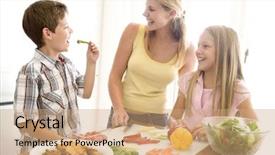  Presentation with children and food - Cool new PPT theme with lunch time - mother and children prepare backdrop and a coral colored foreground