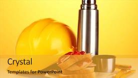  Presentation with lunch - PPT layouts with lunch worker on orange background background and a gold colored foreground