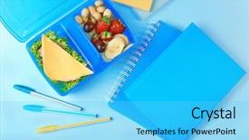  Presentation with lunchbox - Colorful slide set enhanced with lunchbox and stationery on blue backdrop and a light blue colored foreground