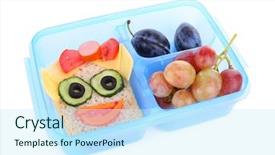  Presentation with lunchbox - Presentation design having lunchbox with creative sandwich and fruits isolated on white background background and a cool aqua colored foreground