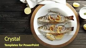  Presentation with white plate - Amazing PPT theme having luncheon - delicious baked sea bass fish backdrop and a tawny brown colored foreground