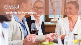 Presentation with business women - Slide deck featuring luncheon - group of men and women background and a coral colored foreground