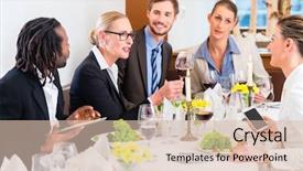  Presentation with work celebration - PPT theme featuring luncheon - team at business lunch meeting background and a lemonade colored foreground