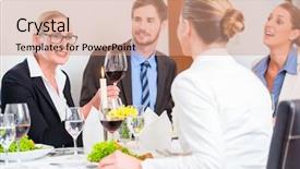  Presentation with work celebration - Audience pleasing slide set consisting of luncheon - team at business lunch meeting backdrop and a coral colored foreground