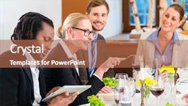  Presentation with team celebration - Theme with luncheon - team at business lunch meeting background and a coral colored foreground