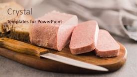  Presentation with luncheon meat - PPT theme featuring luncheon-meat-on-the-cutting background and a soft green colored foreground