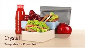 Presentation with school lunch - Audience pleasing PPT theme consisting of lunchroom - meal for schoolchild on table backdrop and a lemonade colored foreground