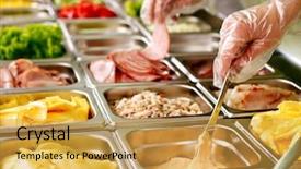  Presentation with cafeteria - Beautiful slide set featuring lunchroom - tray with cooked food backdrop and a yellow colored foreground