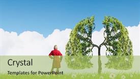  Presentation with green tree - Presentation theme with lung - blond woman in red coat background and a mint green colored foreground