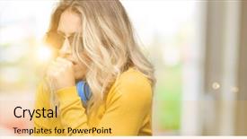  Presentation with headphones - Colorful slide deck enhanced with lung - young beautiful woman with headphones backdrop and a yellow colored foreground