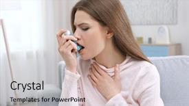  Presentation with inhaler - PPT theme featuring lung - young woman using asthma inhaler background and a light gray colored foreground