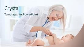  Presentation with baby lung - Theme featuring lung disease - mature female doctor examining baby background and a sky blue colored foreground