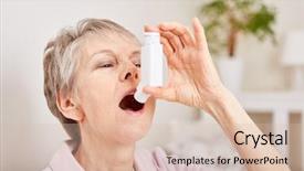  Presentation with lung disease - Colorful presentation theme enhanced with lung disease - senior woman holds inhaler backdrop and a lemonade colored foreground