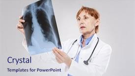  Presentation with work - Presentation consisting of lung radiation - sixty years woman doctor background and a  colored foreground
