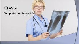  Presentation with roentgen - Beautiful slide set featuring lung radiation - woman doctor watching roentgen records backdrop and a light gray colored foreground