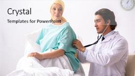  Presentation with doctor visiting family - PPT theme with lung radiation - young handsome doctor visiting female background and a sky blue colored foreground