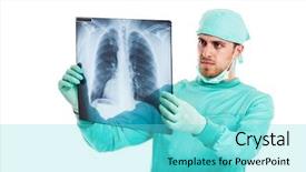  Presentation with xray - PPT layouts consisting of lung xray - portrait of a male surgeon background and a cyan colored foreground