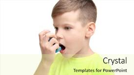  Presentation with inhaler - PPT layouts enhanced with lungs disorders - little boy using asthma inhaler background and a  colored foreground