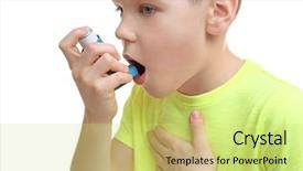  Presentation with inhaler - Audience pleasing PPT theme consisting of lungs disorders - little boy using asthma inhaler backdrop and a yellow colored foreground