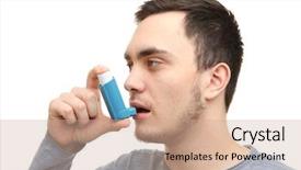 Presentation with inhaler - Cool new presentation theme with lungs disorders - young man using inhaler backdrop and a coral colored foreground