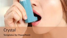  Presentation with inhaler - Cool new PPT layouts with lungs disorders - young woman using asthma inhaler backdrop and a coral colored foreground