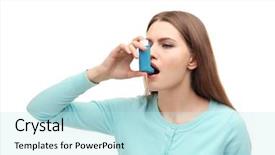  Presentation with inhaler - Audience pleasing PPT layouts consisting of lungs disorders - young woman using asthma inhaler backdrop and a sky blue colored foreground