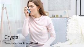  Presentation with inhaler - Beautiful theme featuring lungs disorders - young woman using asthma inhaler backdrop and a  colored foreground