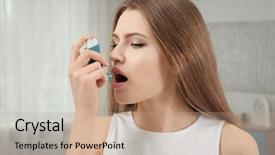 Presentation with inhaler - Audience pleasing slide deck consisting of lungs disorders - young woman using asthma inhaler backdrop and a  colored foreground