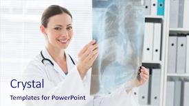  Presentation with portrait of excited overjoyed female - Amazing PPT theme having lungs stethoscope - portrait of happy female doctor backdrop and a sky blue colored foreground