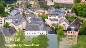  Presentation with luxembourg - Colorful presentation design enhanced with luxembourg-cityscape-church-on-river backdrop and a tawny brown colored foreground